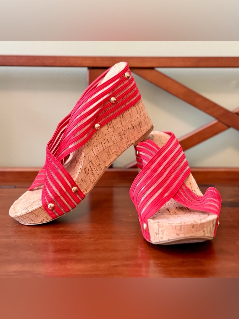 Red Striped Cork Wedge Sandals - Size 8